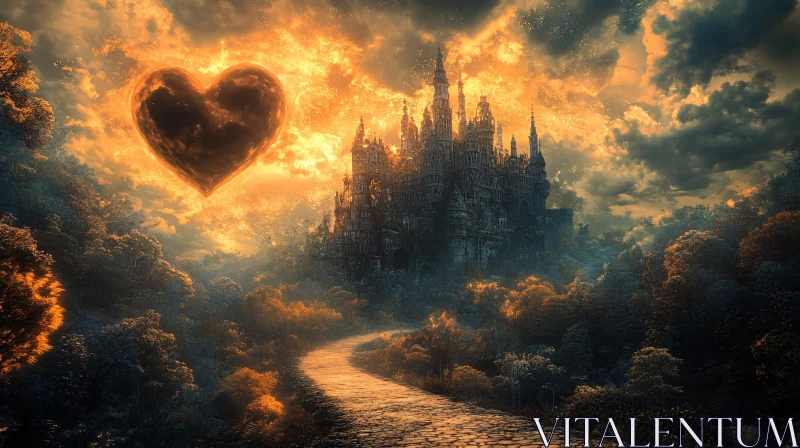 Fantasy Landscape with Castle and Heart AI Image