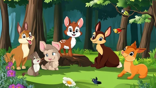 Cute Forest Creatures in a Whimsical Cartoon Scene