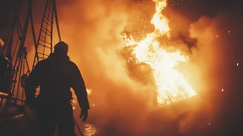 Person Observing Boat on Fire
