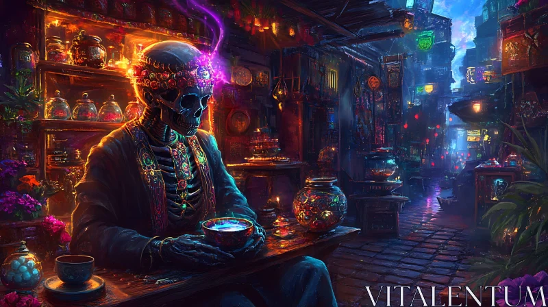 AI ART Skeleton in Neon City