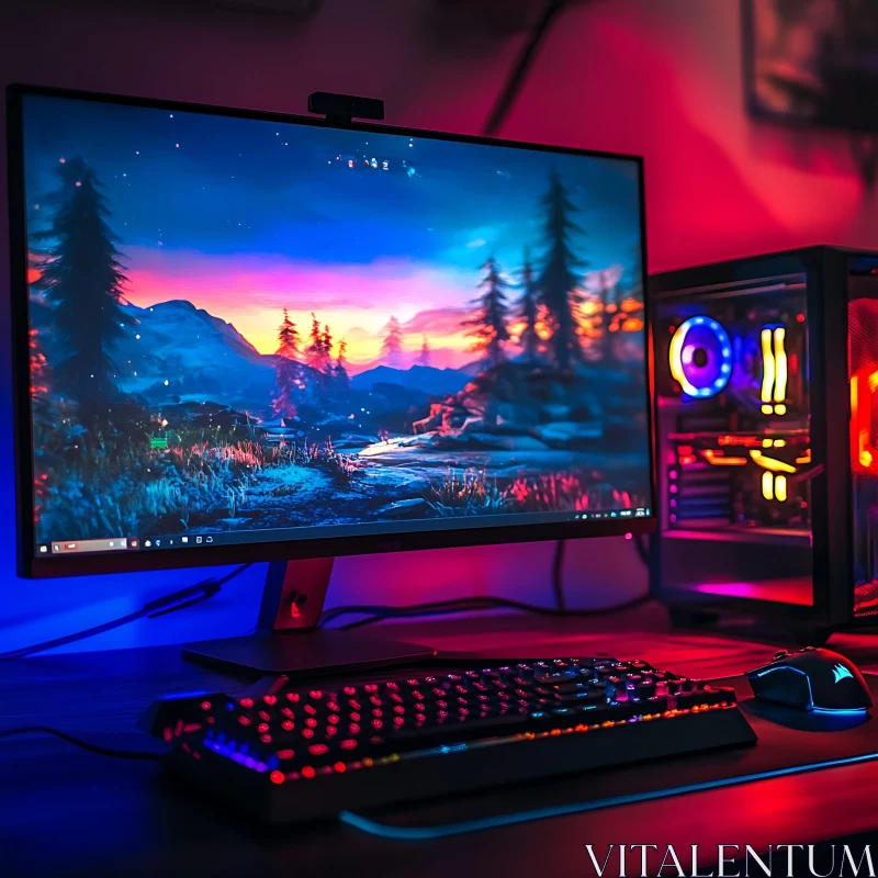 RGB Gaming Setup with Stunning Landscape on Monitor AI Image