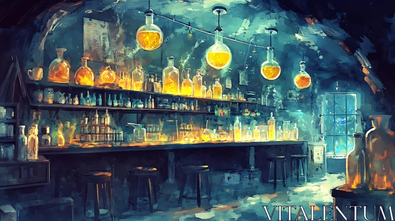 AI ART Vintage Alchemist's Workspace with Glowing Elixirs