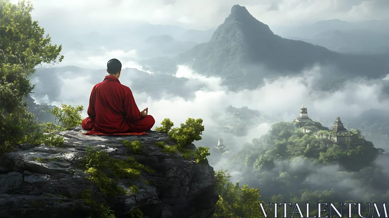 Zen Meditation in Misty Mountains AI Image