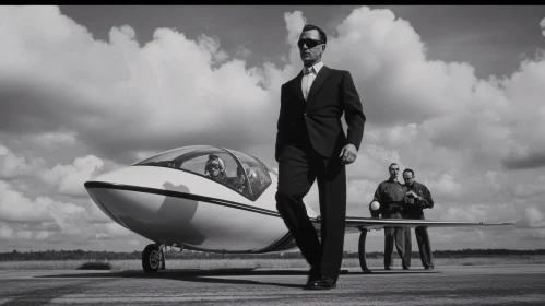 Confident Man and Futuristic Aircraft in Black and White