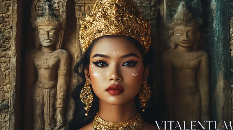 AI ART Golden Adorned Woman Amidst Ancient Statues