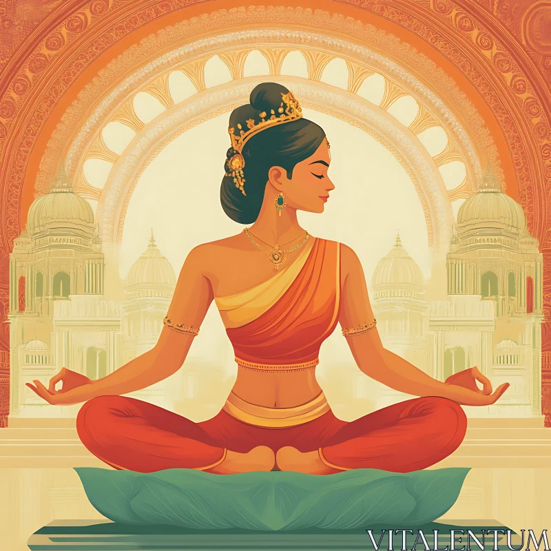 Meditative Woman on Lotus with Ornate Background AI Image