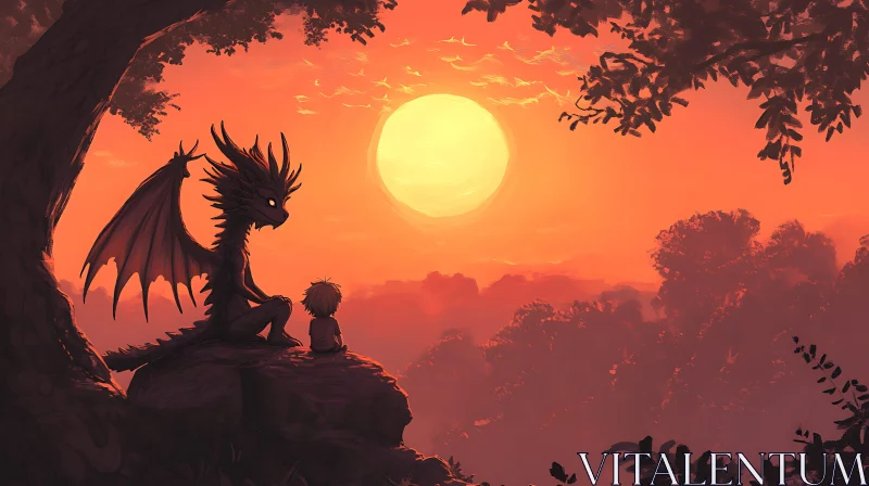 AI ART Sunset Companions: Boy and Dragon