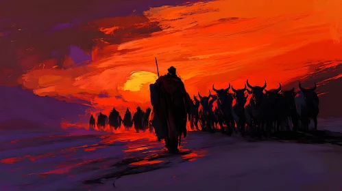 Sunset Silhouette with Herder and Cattle