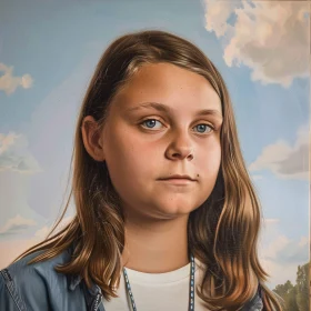 Portrait of Greta Thunberg with Blue Eyes and Calm Sky