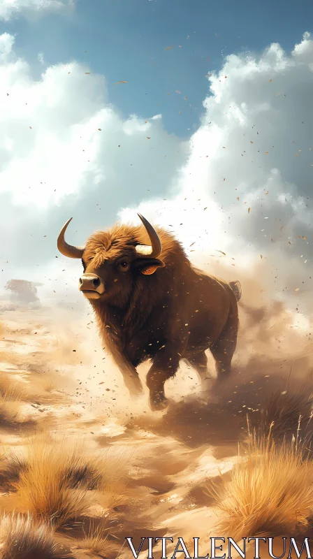 Bull in Motion Over Desert Terrain AI Image