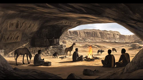 Cave Gathering with Fire and Animals