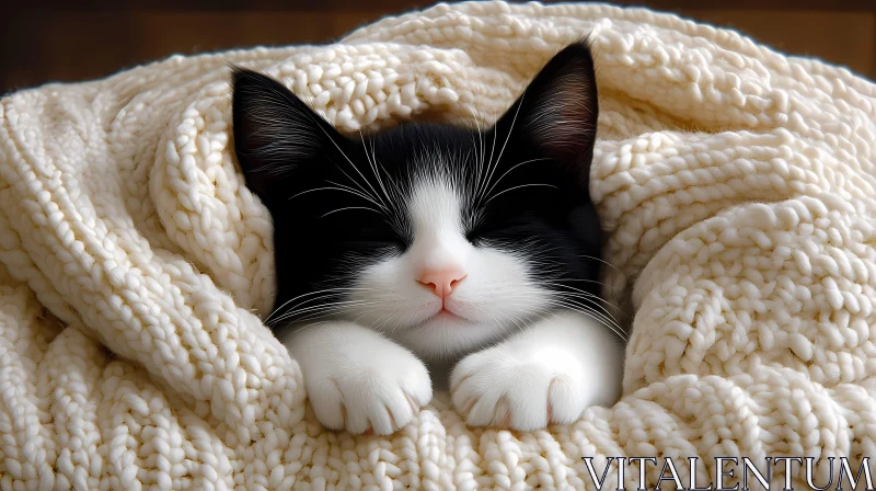 Sleeping Kitten Wrapped in Knitted Blanket AI Image