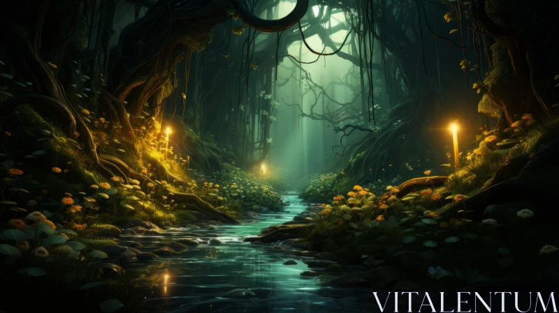Enchanting Forest with River and Trees | Tranquil and Reverent Atmosphere AI Image