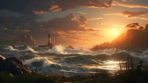 Enthralling Sunset Lighthouse Scene Amidst Stormy Seas