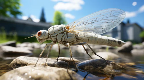 Large White Fly on Rocks - Light Indigo and Orange Hues