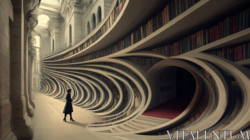 Woman in a Library With Curving Bookshelves