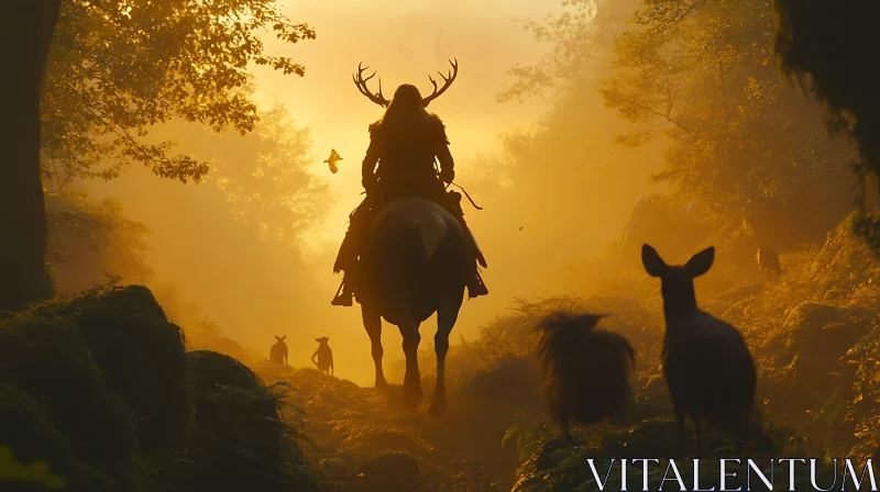 Antlered Rider in Misty Woods
