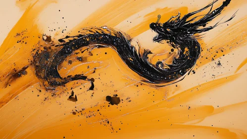 Ink Dragon Art on Orange Background