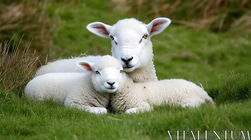 Ewe and Lamb Resting on Grass