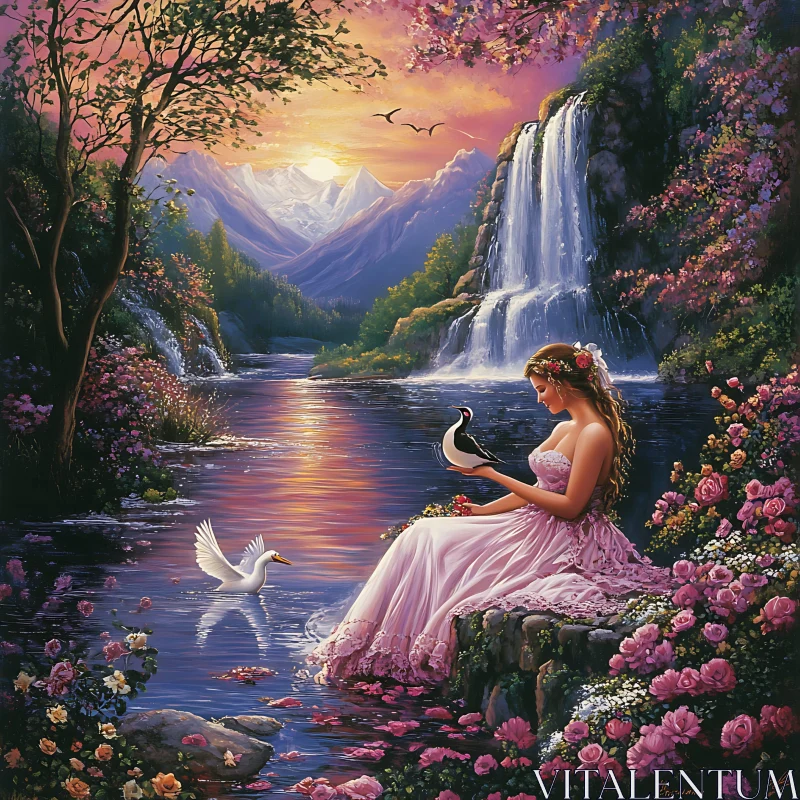 Lady by Lake with Bird and Waterfall