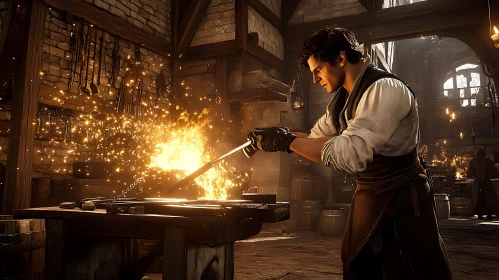 Medieval Blacksmith Working in Forge