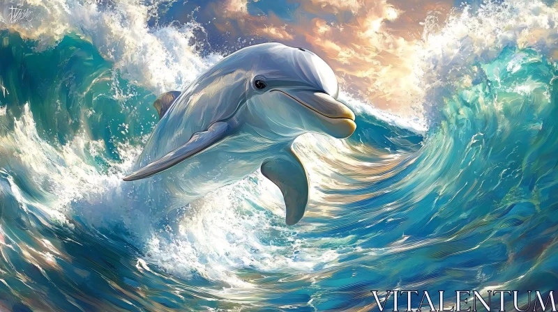 Dolphin in Ocean Waves at Sunset