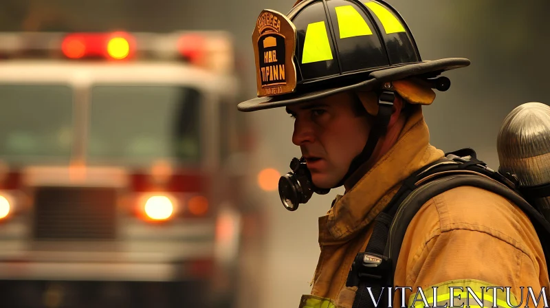 Firefighter Braving the Smoke with Firetruck in Background