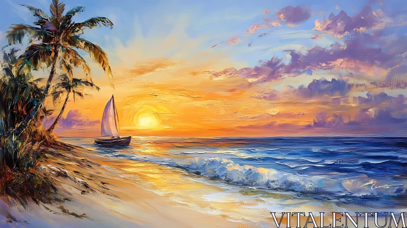 Coastal Sunset with Sailboat