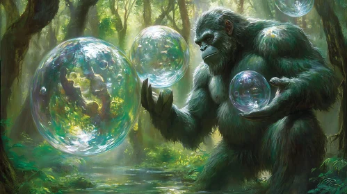 Mystical Monkey in Forest with Bubbles