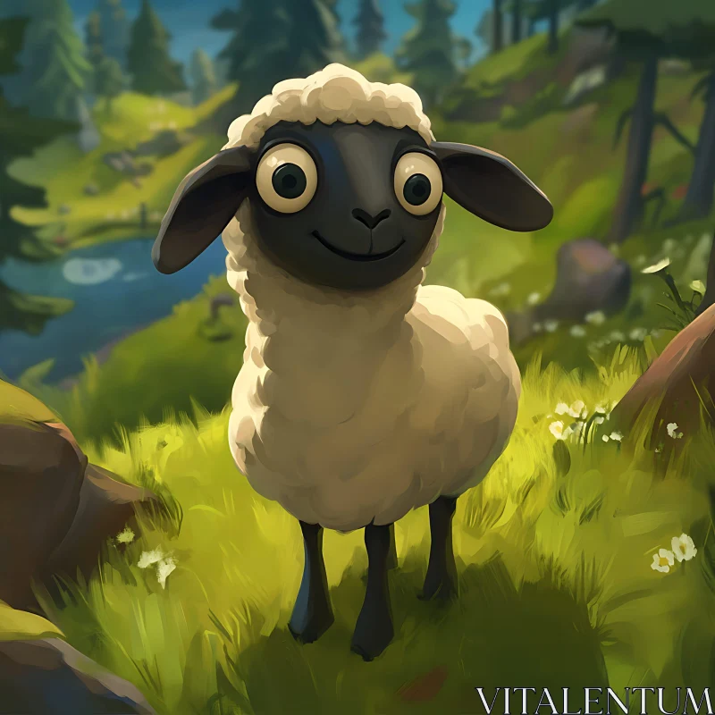 Cartoon Sheep in Grassy Field