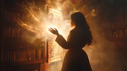Mystical Library Scene with Woman