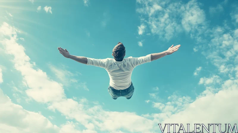 Man Flying in Blue Sky