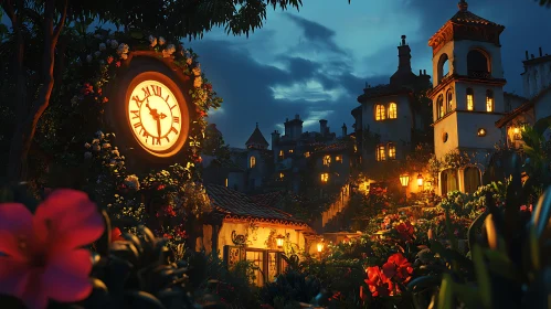 Picturesque Night Town with Glowing Clock