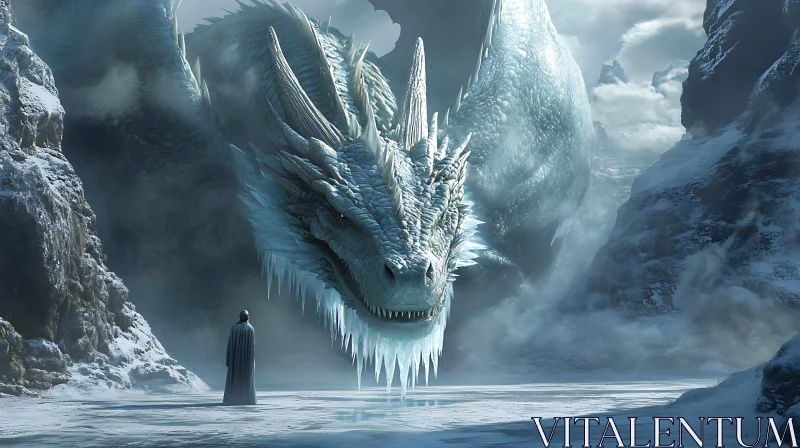 AI ART Winter Dragon and Lone Figure