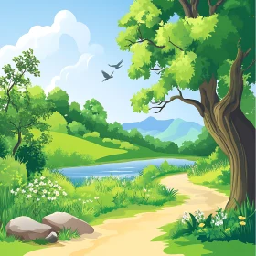 Peaceful Countryside with Winding Path and River