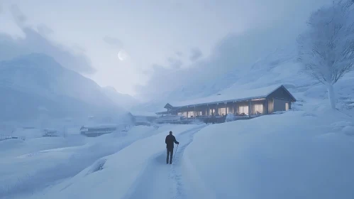 Winter Scenery with Hiker and Building