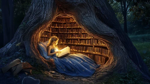 Girl Reading in Magical Tree Library