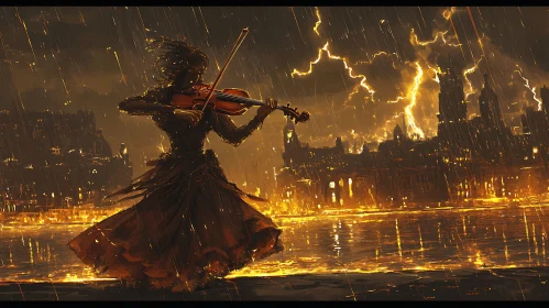 Stormy Serenade: Violin Under Lightning