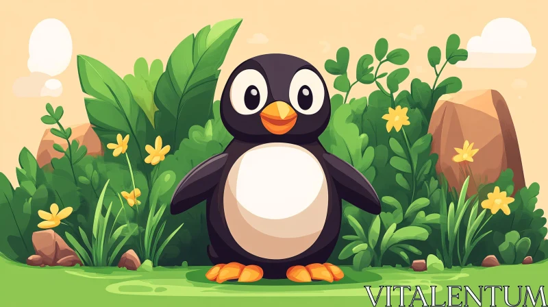 Cute Penguin Among Flowers