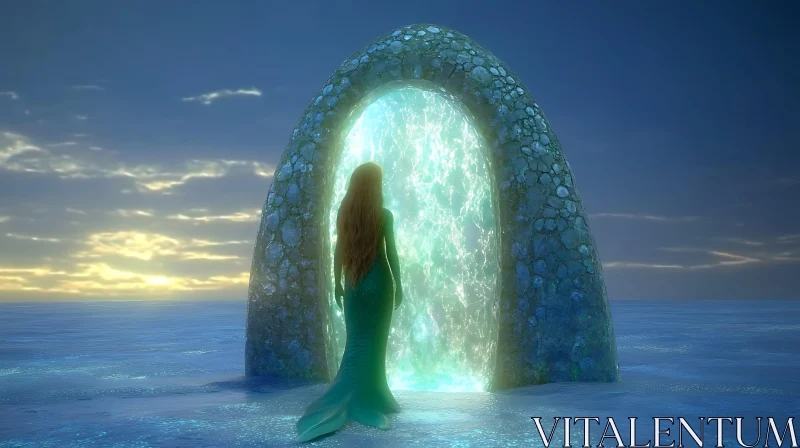 Enigmatic Mermaid Before a Glowing Portal