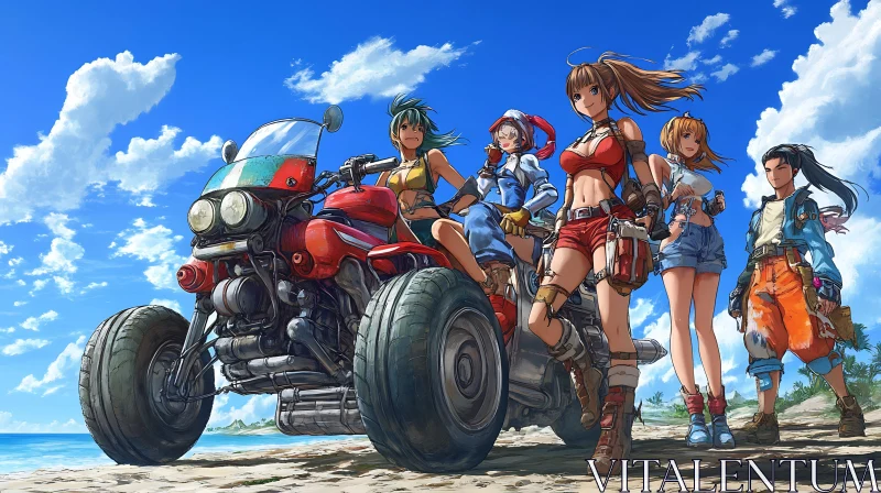 Futuristic Motorcycle Anime Characters on Beach