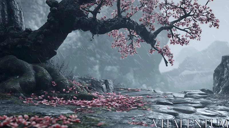 Rainy Day Pink Blossom Tree View AI Image