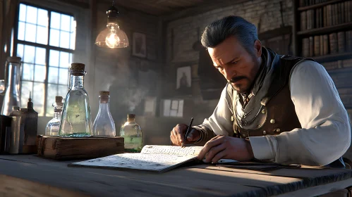 Vintage Study with Man Writing