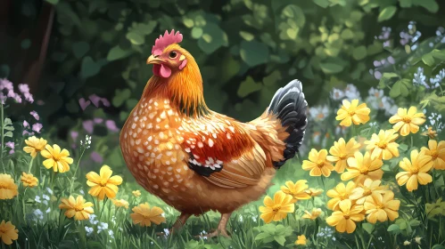 Chicken in Blooming Garden
