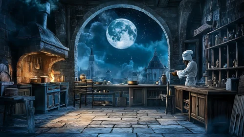 Chef Cooking Under the Moon's Glow