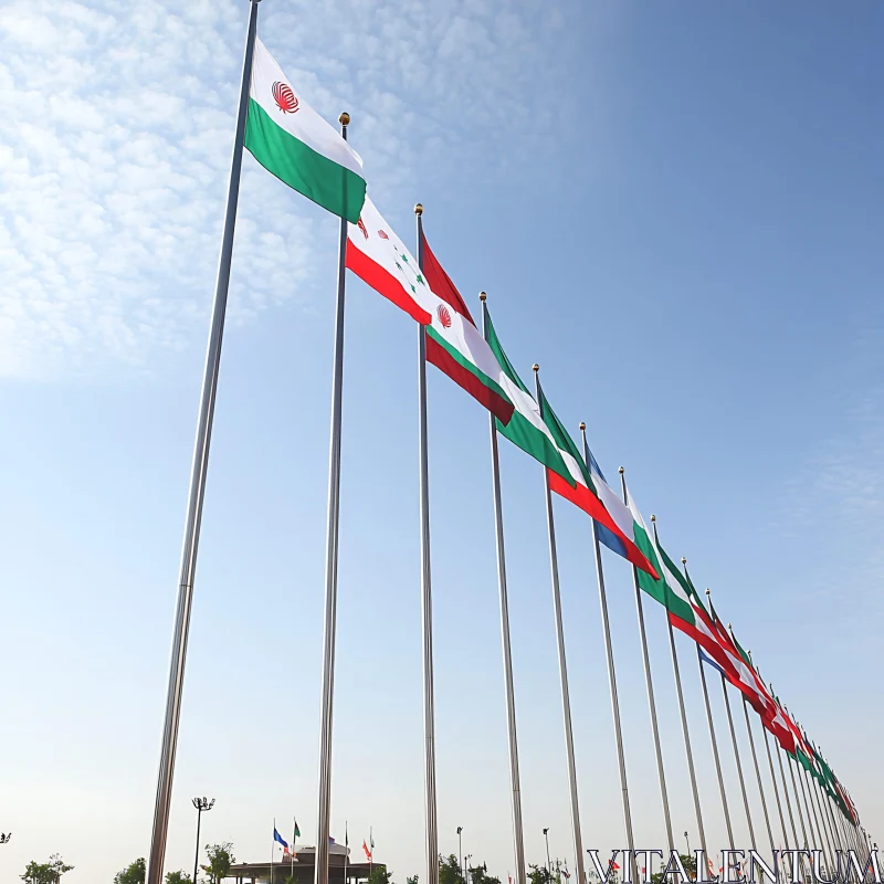 Row of National Flags Under Azure Sky