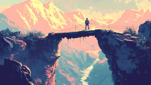 Hiker on Mountain Bridge