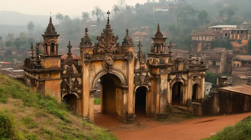 Ancient Ornate Gate in Foggy Landscape