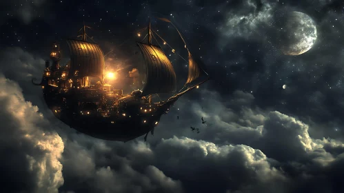 Fantasy Airship Journey Through Starry Clouds