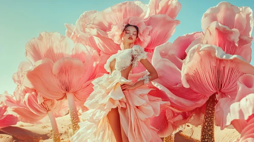 Woman in Floral Dress Surrounded by Flowers